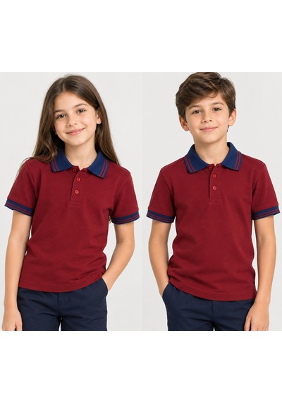 Nzy Lacivert Çizgi Yaka Bordo Kısa Kol Kız Ve Erkek Çocuk T-shirt