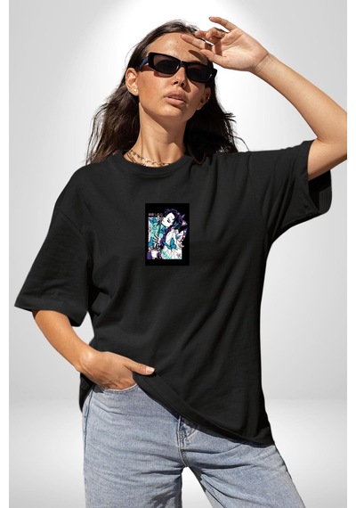 Shinobu Kocho Demon Slayer Siyah Oversize Unisex Ön Orta Minimal Baskılı Tişört Siyah