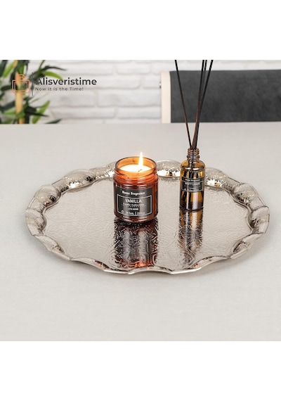 Osmanlı Motifli Metal Servis Tepsisi 34,5 Cm 13.6 İnç Kahve Ve Çay Sunum Tepsisi 5 Renk Seçeneği Gümüş Rengi Çok Renkli
