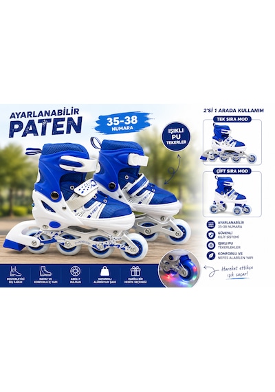 Ayarlanabilir Çocuk Pateni 35-38 Numara 2 Si 1 Arada Inline & Çift Teker Modu Işıklı Pu Tekerlek Mavi