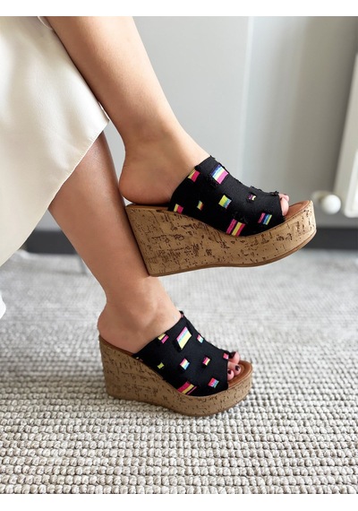 Asmi Shoes Kadın Limo Siyah Kot Dolgulu Mantar Taban Terlik 10 Cm Siyah