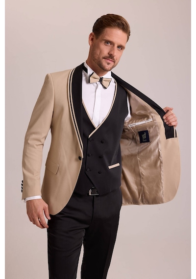 Ysf Erkek Bej Slim Fit Şal Yaka Yelekli Damatlık