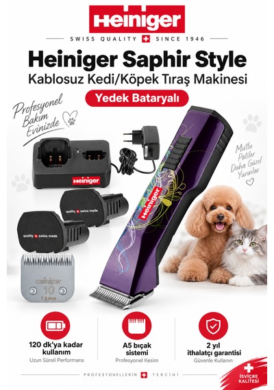 Heiniger Saphir Style Mor Kablosuz Kedi Köpek Tıraş Makinesi - Yedek Bataryalı