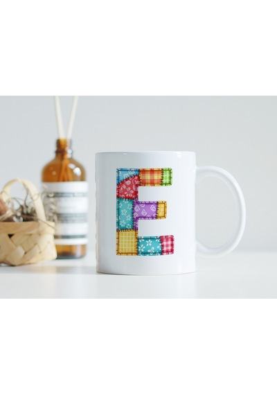 E Harfi Renkli Yamalı Tasarım Kupa Bardak - Bohem Patchwork Desenli Kupa - Etnik Hediyelik Beyaz