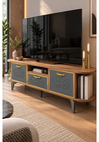 Sulorahome Kahverengi Gold Detaylı 160 Cm Tv Ünitesi Kahverengi - Altın