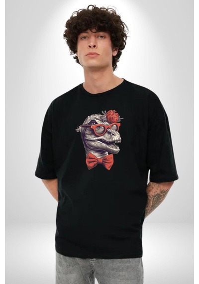 Kırmızı Gözlük Papyon Dinazor Pamuklu Bisiklet Yaka Unisex Oversize Boyfriend Dijital Baskılı Siyah T-shirt Siyah