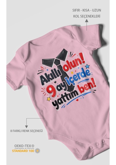 Morivokids Akilli Olun 9 Yazılı Kısa Kollu Bebek Body %100 Pamuk Koyu Pembe