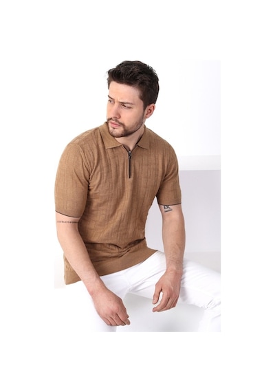 Ferraro Camel Polo Yaka Fermuarlı Erkek Pamuk Triko T-Shirt-Kahverengi (417942102) Kahverengi