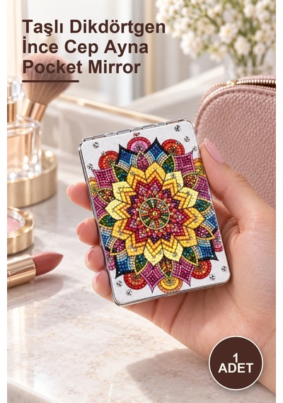 1 Adet El Aynası Taşlı Dikdörtgen İnce Cep Ayna Pocket Mirror Sarı