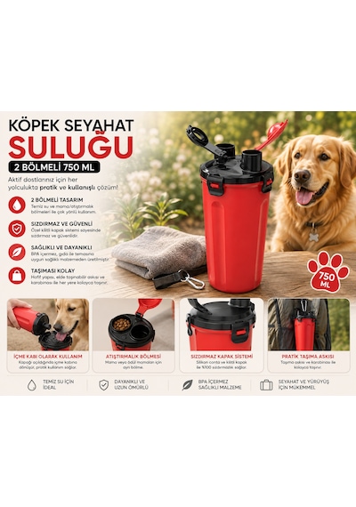 Köpek Seyahat Suluğu 2 Bölmeli 750 Ml Mama Hazneli Taşıma Askılı - Kırmızı