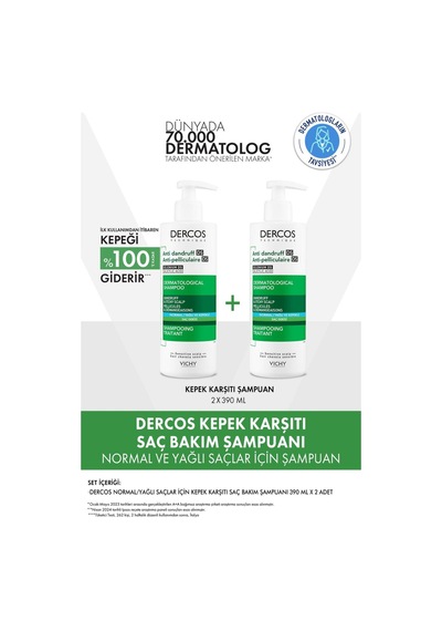 Dercos dandruff Kepek Karşıtı Şampuan Normal & Yağlı Saçlar 390 Ml X 2 Adet Yağlı
