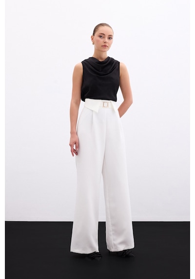 Sateen Bel Detaylı Geniş Paça Pantolon - Ekru
