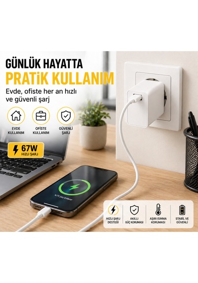 67w Hızlı Şarj Adaptörü Usb Çıkışlı Kablo Dahil Type-c Uyumlu Hızlı Şarj Cihazı Güvenli Şarj Başlığı Beyaz