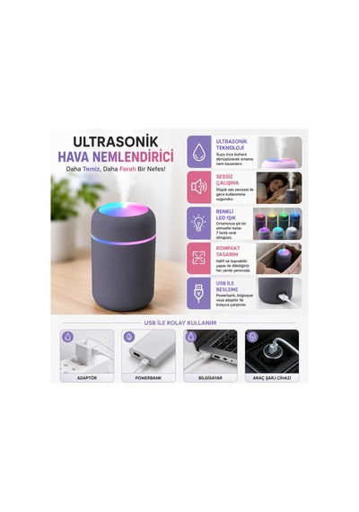 Ultrasonik Hava Nemlendirici Renkli Led Işıklı Usb Mini Masaüstü Buhar Makinesi-gri