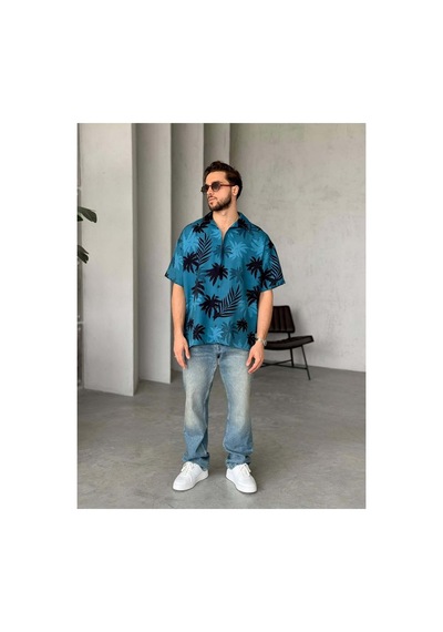 More Black Blue Palm Desenli Dubble Hürrem Kumaş Oversize Gömlek Çok Renkli