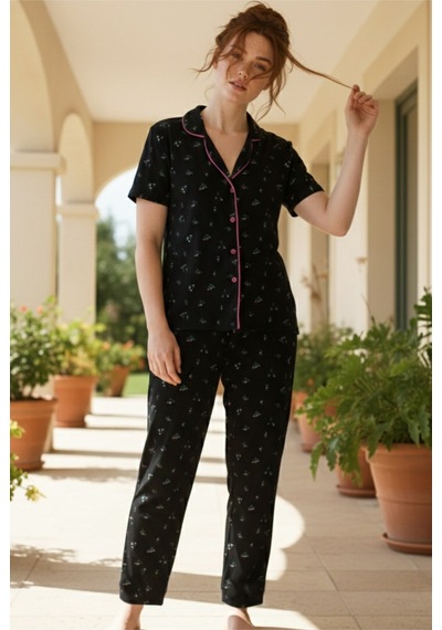 Siyah İnci Düğmeli Biyeli Viskon Örme Pijama Takım 26120761 Siyah