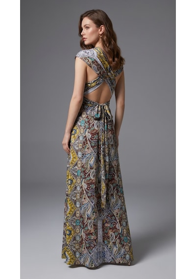 Alyn Wear Kadın Omuzlardan Açık Yakadan Çapraz Geçme Detaylı Yırtmaçlı Desenli Uzun Süprem Elbise Sarı Alyn Wear Kadın Omuzlardan Açık Yakadan Çapraz Geçme Detaylı Yırtmaçlı Desenli Uzun Süprem Elbise Sarı