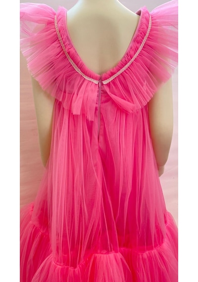 Porça Kız Çocuk Katlı Fırfırlı Uzun Abiye Elbise-8071-pembe Pembe