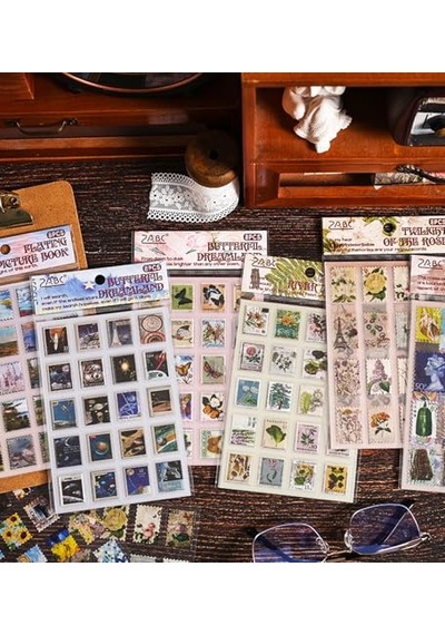 Vintage Pul Desenli Sticker Seti 4 Sayfa Scrapbook Etiketi Genel