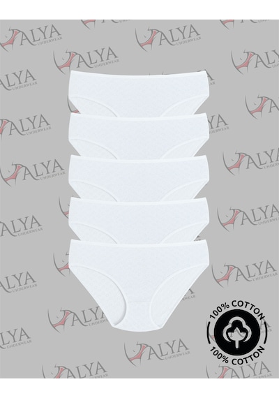 Alya Underwear %100 Pamuklu Kadın Külot Normal Bel Yükseklikli Jakarlı Kalp Desenli Kumaş Slip Beyaz