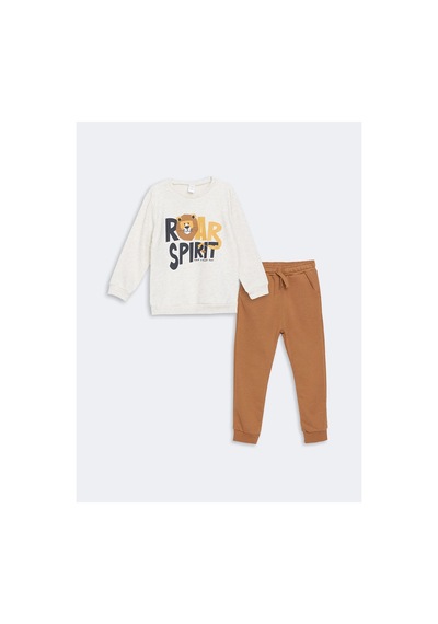 LC Waikiki Lw - Bisiklet Yaka Baskılı Erkek Bebek Sweatshirt Ve Eşofman Alt 2'li Kırık Beyaz Melanj