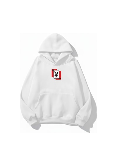Uyguntarz Unisex Yumuşak Dokulu Playboy Baskılı Tasarım Oversize 3 İplik Hoodie Sweatshirt beyaz