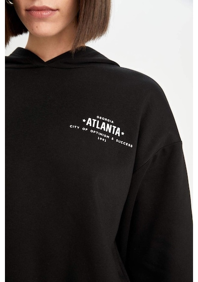 DeFacto Boxy Fit Kapüşonlu Baskılı Kalın Siyah Sweatshirt D6717AX24WNBK81 Siyah