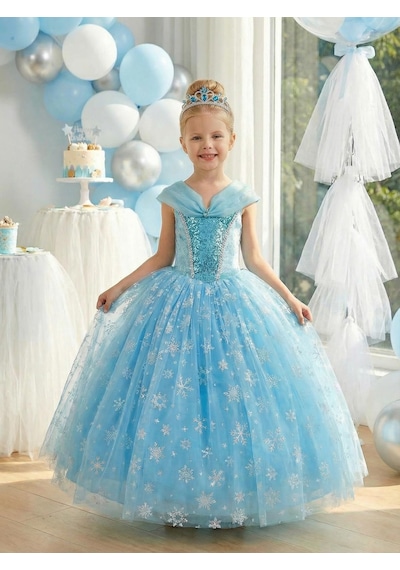 Butikhappykids Kız Çocuk Kostüm Mavi Elsa Frozen Düşük Omuz Detaylı Kasnaklı Kabarık Elsa Kostüm 3-8 Yaş Taç Hediyeli Mavi