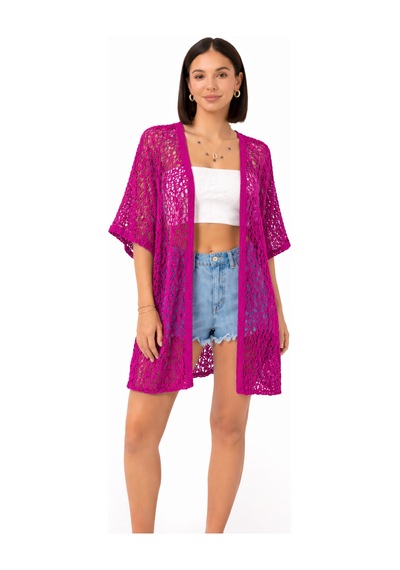 Trend Alisse Kadın Dantel Görünümlü File Kimono Pareo Hırka Fuşya