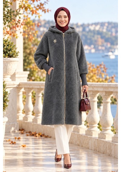 Hb Harma Time Butik Kadın Fermuarlı Kapüşonlu Angora Gri Kürk Kaban Gri Gri