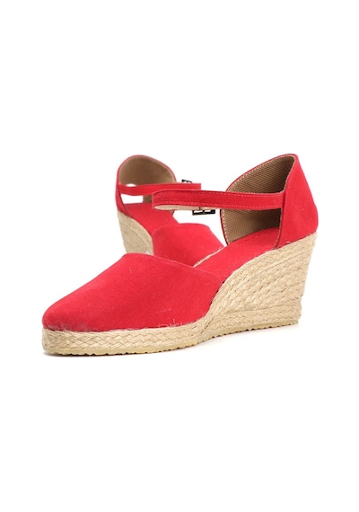 Gerçek Elişi Bilekten Bantlı Topuğu Açık Keten Espadril Dolgu Topuk Handmade Kırmızı