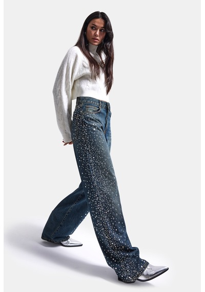 Kadın T-2w6-8 Loose Fit Parlak Taş Özel Tasarım Denim Jean Mavi