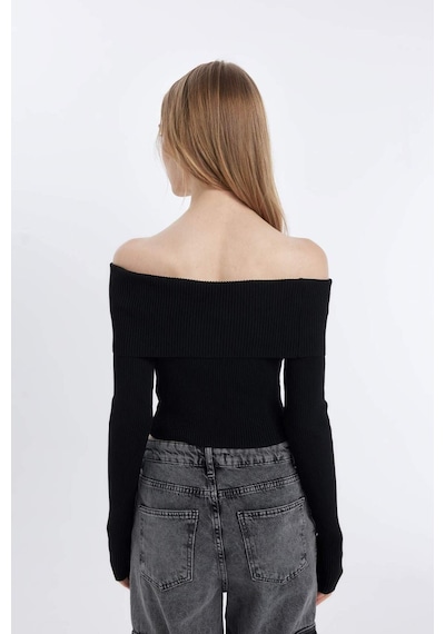 Defacto Coool Slim Fit Dar Kesim Açık Omuz Basic Düz Triko Kazak B6537AX24WNBK56 Siyah