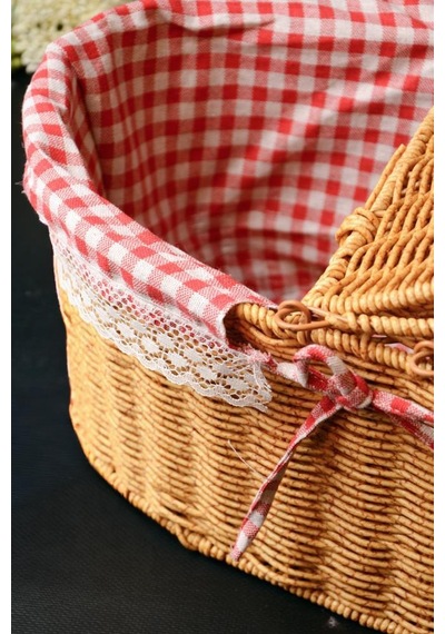 Digithome Kapaklı Rattan Vintage Dantelli Oval Piknik Sepeti -9t13 U/5 Kahverengi