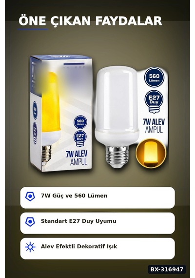 Alev Efektli Led Ampul 7w E27 Duy 560 Lümen Ip20 Koruma Dekoratif Lamba Bx-316947