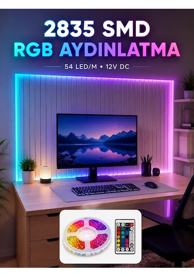 5m Rgb Şerit Led Seti 12v 2835 Smd Kumandalı Ev Oda Ve Dekoratif Ambiyans Aydınlatma