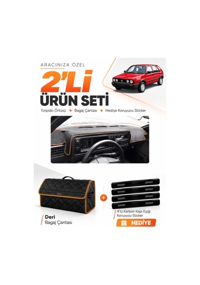Volkswagen Golf 2 1983-1992 Uyumlu Torpido Örtüsü + Deri Çanta + Sticker - Siyah Kahverengi