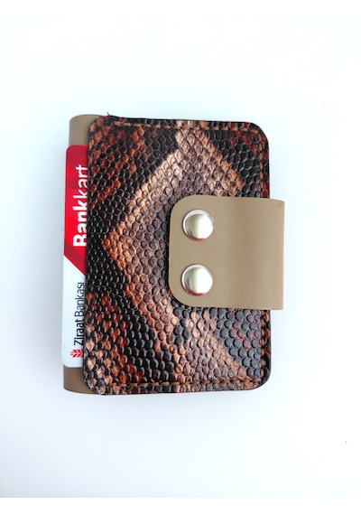 Luna Luster Hakiki Deri Yılan Baskı 6 Bölmeli Kahve Krem Minimalist Kartlık & Cüzdan Drc78 Açık Kahve