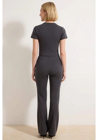 Benerly Kadın Büyük Beden Crop Top Ispanyol Paça Takım Bisiklet Yaka Kısa Antrasit