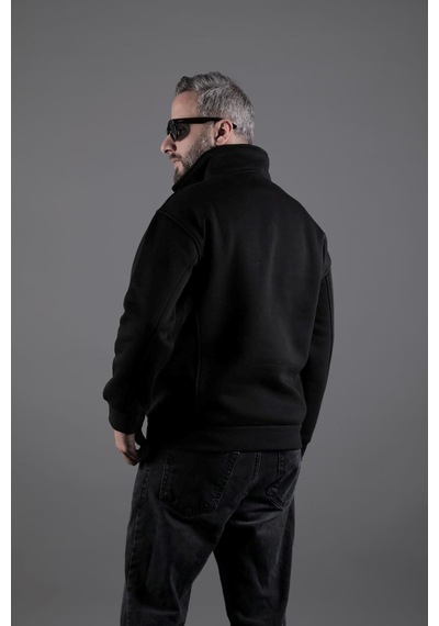 Dik Yakalı Parçalı Erkek Sweatshirt Siyah