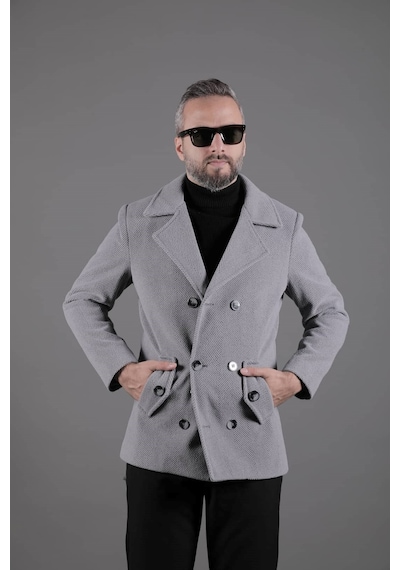 Ohepmoda Desenli Kruvaze Erkek Kaşe Kaban Koyu Gri