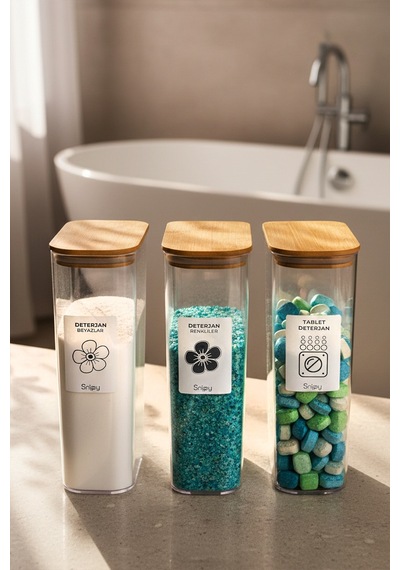 Snippy - Armoni - 3'lü Büyük Boy Deterjan Saklama Kutusu Etiketli Banyo Toz Tablet Toz Deterjan Kutusu 2500ml Şeffaf