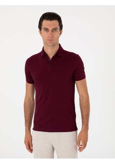Bordo Slim Fit Polo Yaka Pamuklu Basic T-shirt Kirmizi