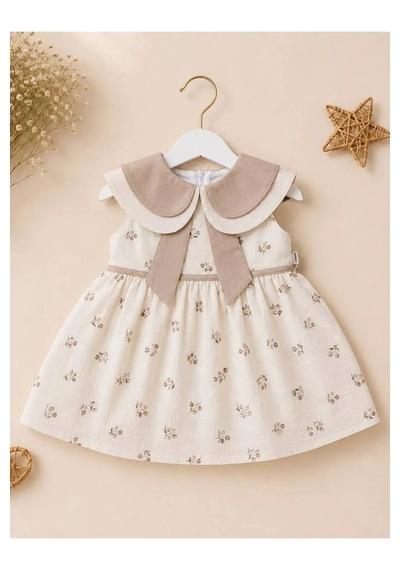 Ferasty İstanbul Kız Bebek Elbise Çıtır Çiçekli Bebe Yaka Bej