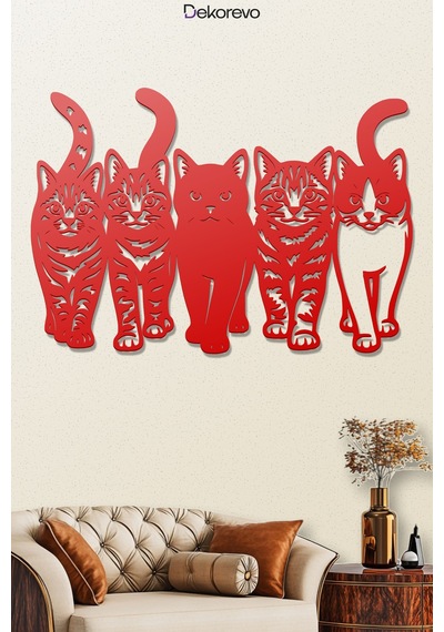 Kedi Çetesi Beşli Kedi Silüeti Metal Duvar Dekoru - Metal Duvar Sanatı - Kırmızı - 50 X 35 Cm