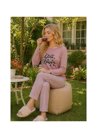 Rindahomewear Kadın Gırl Power Baskılı Süprem Uzun Kol Pijama Takımı Murdum2