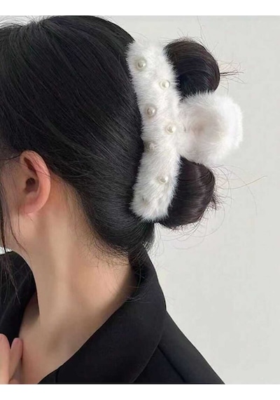 Büyük Boy İnci Peluş Mandal Toka 12 Cm Beyaz