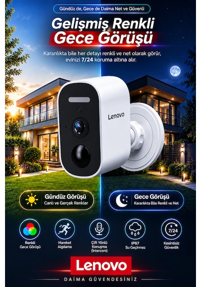 Lenovo 5mp Wifi Adaptörlü Uzaktan İzlenebilen Gece Görüşlü Hareket Algılamalı Güvenlik Kamerası