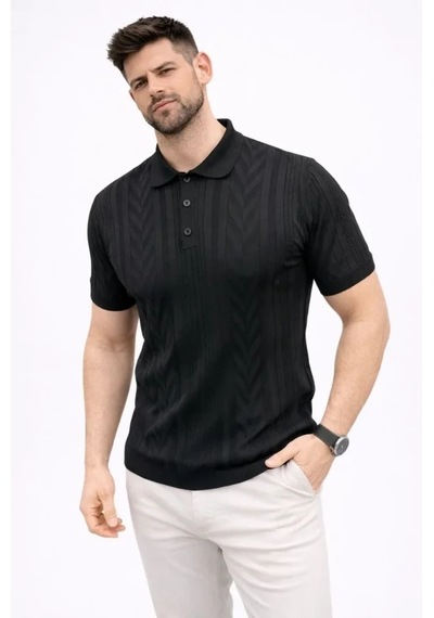 Erkek Yazlık Triko Tişört Kısa Kol Polo Yaka Düğmeli T-shirt - Siyah