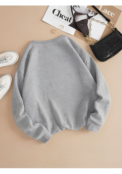 Startmore Gri Kadın Renkli Cat Özel Göğüs Baskılı Oversize Bisiklet Yaka